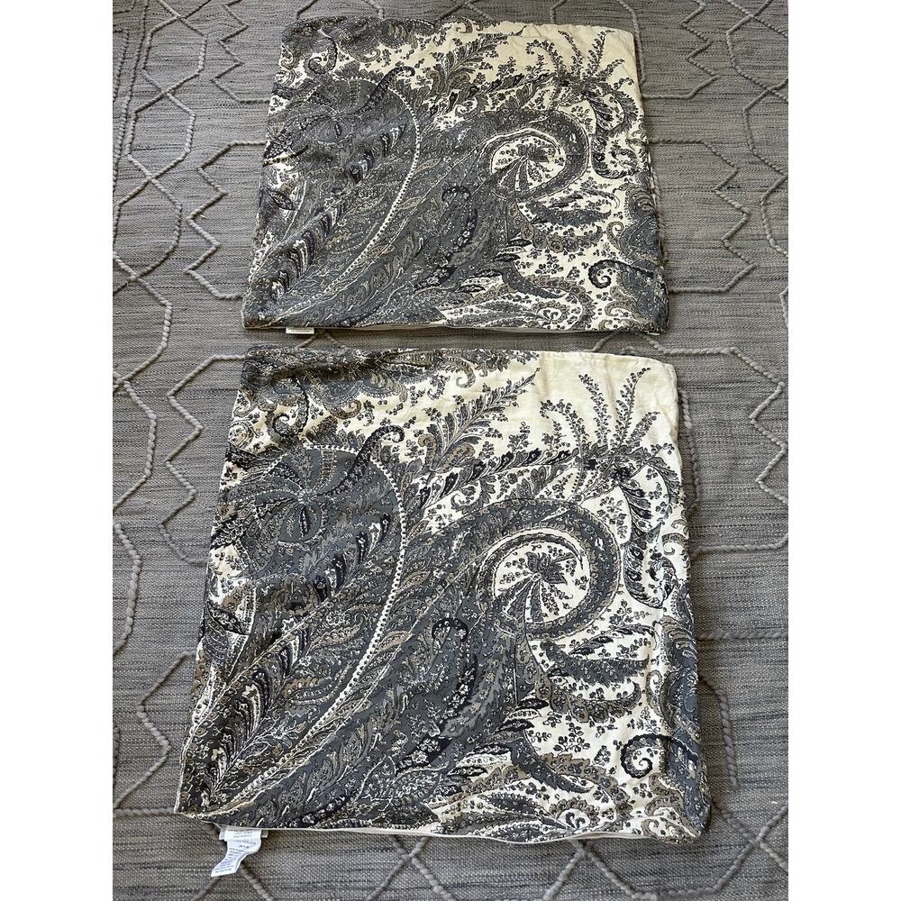 Pottery Barn Set Of 2 Gray Paisley Ikat Batik Zipper Sham Cotton Linen 24x24”